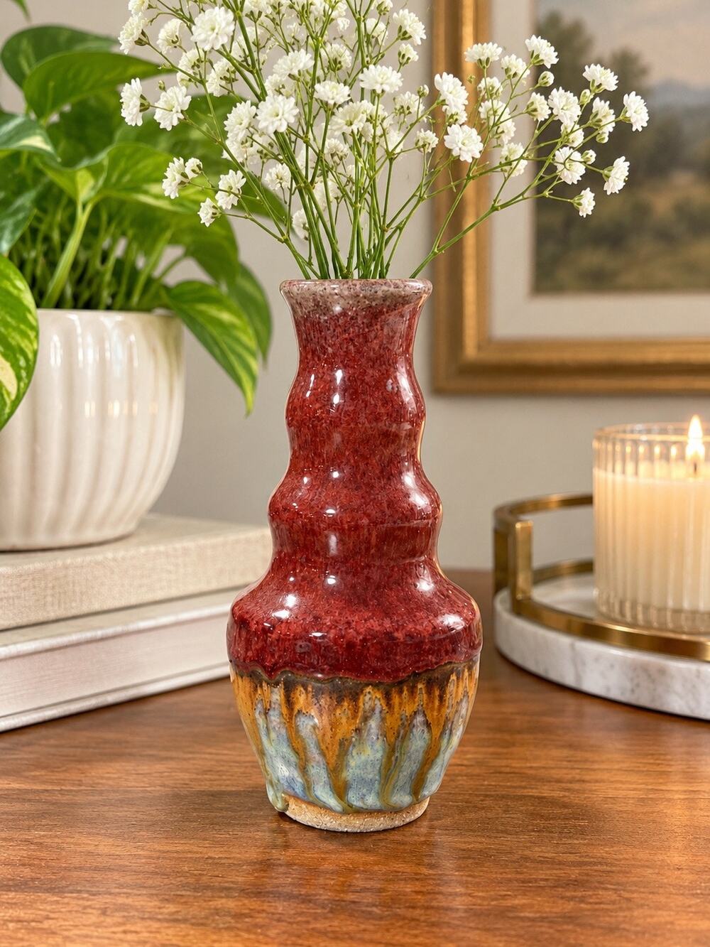 Signed Studio Pottery Bud Vase Red Brown Blue Drip Glaze Handmade 5”